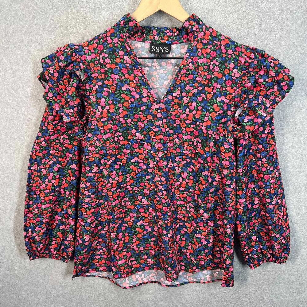 SSYS White Ruffle Shoulder Floral Blouse Womens XS Long‎ Sleeve Business Casual